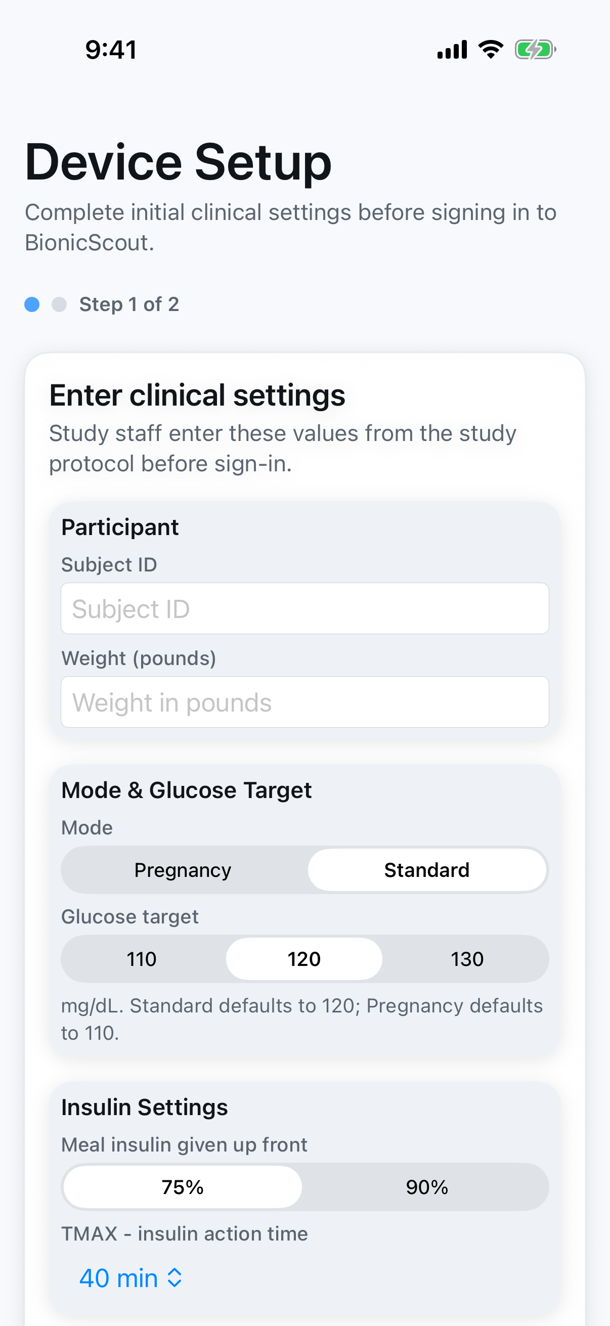 Device Setup step 1: enter clinical settings