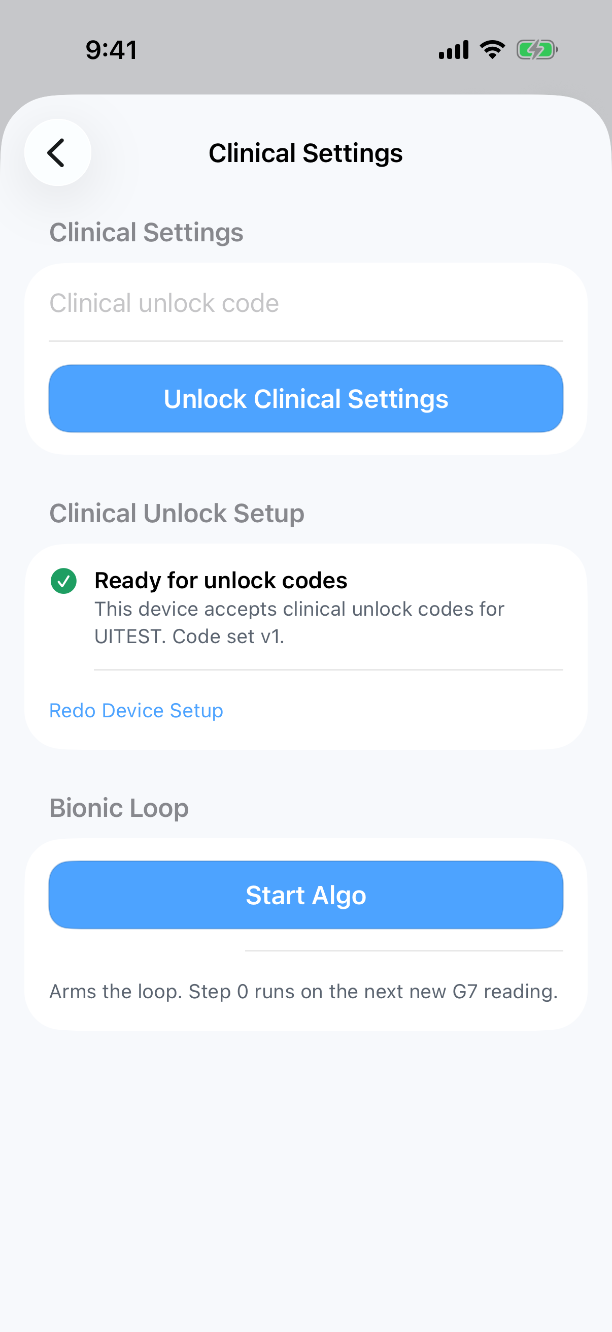 Clinical Settings locked, unlock code entry