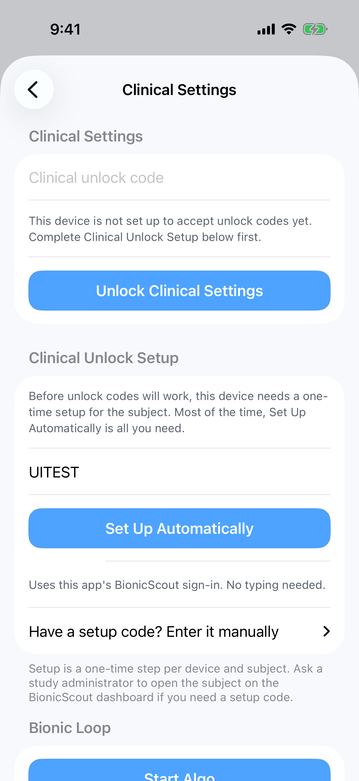 Clinical Unlock Setup section before setup