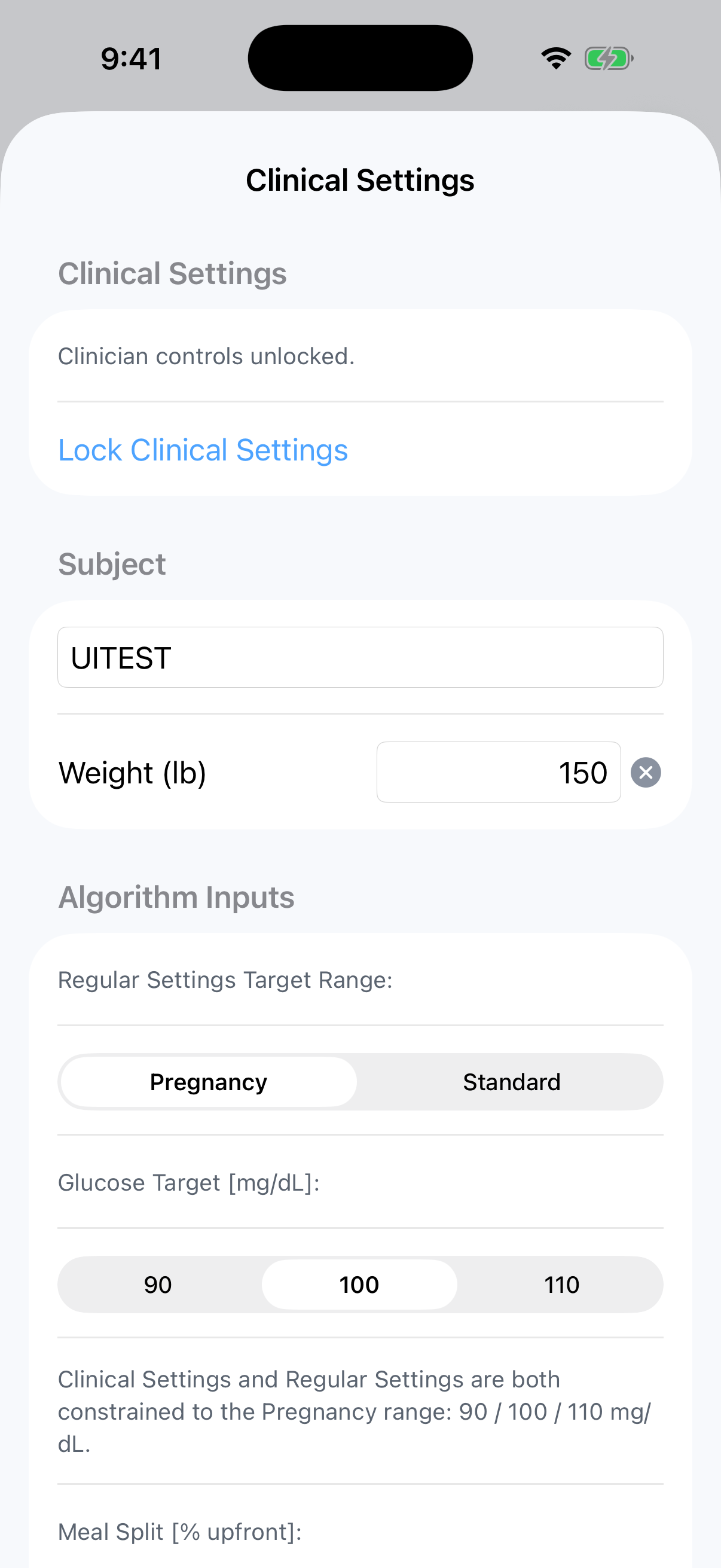 Clinical Settings screen