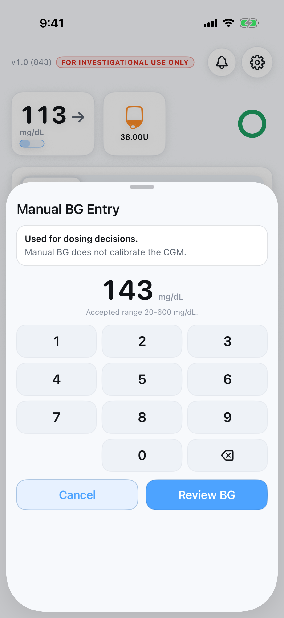 Manual BG entry with value typed
