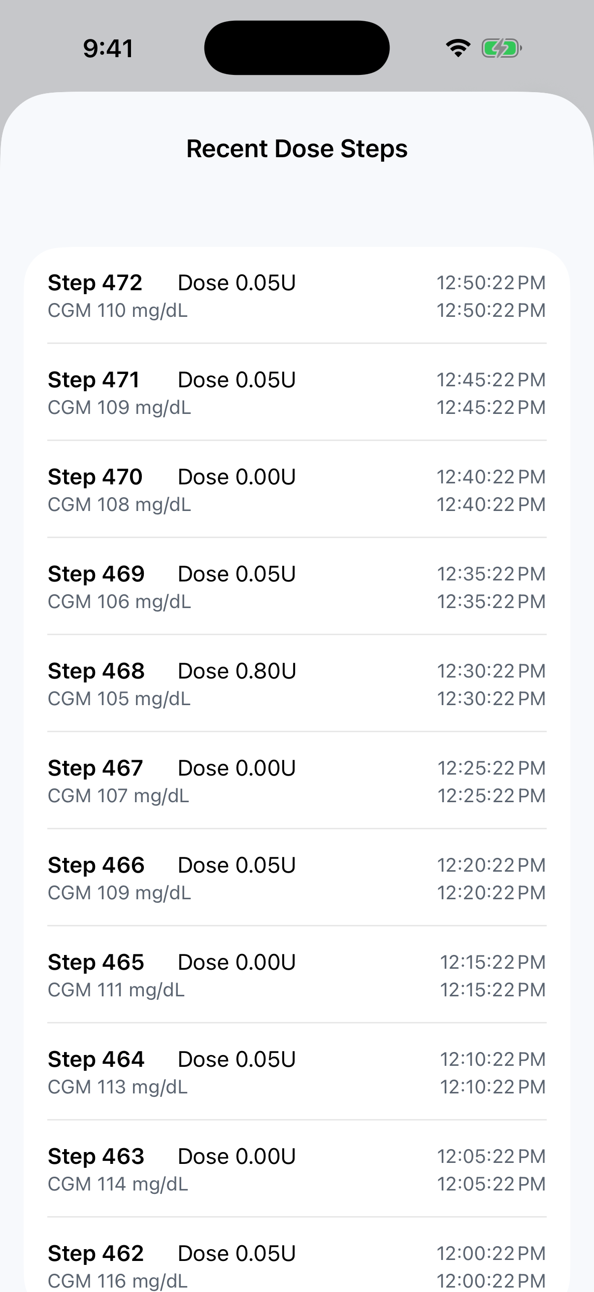 Recent Dose Steps screen