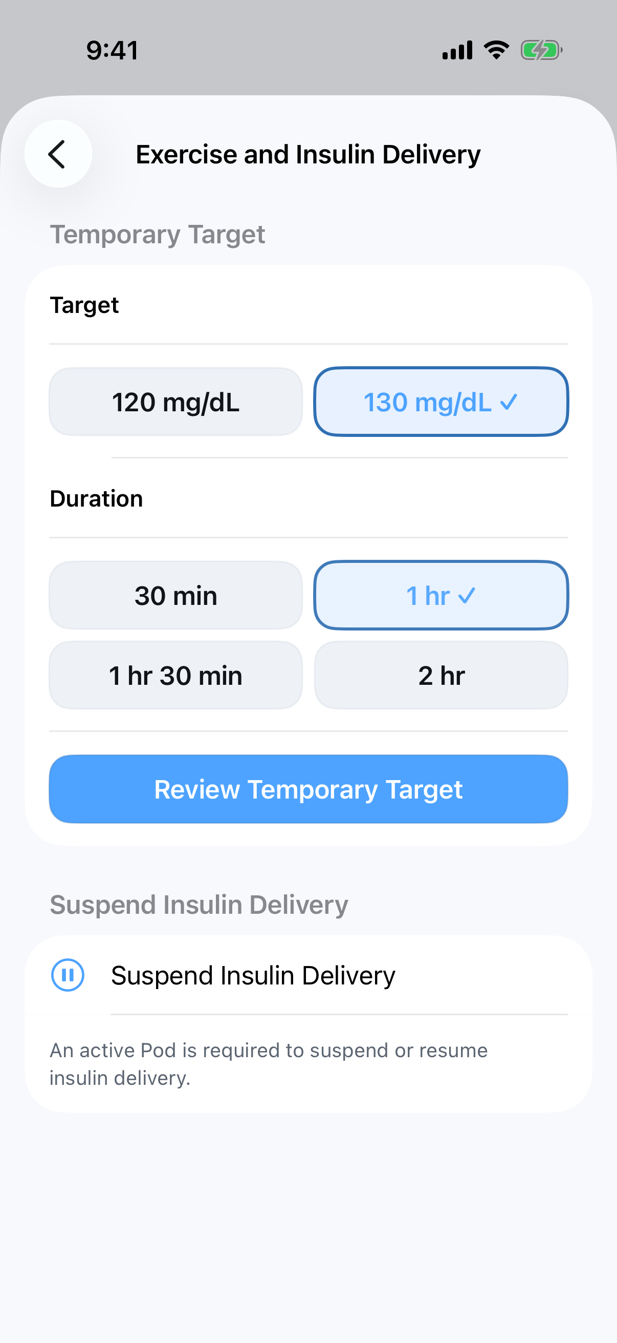 Temporary Target target and duration selection